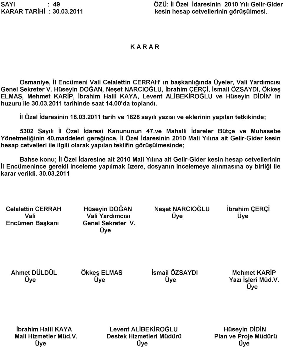 2011 tarihinde saat 14.00 da toplandı. İl Özel İdaresinin 18.03.2011 tarih ve 1828 sayılı yazısı ve eklerinin yapılan tetkikinde; 5302 Sayılı İl Özel İdaresi Kanununun 47.