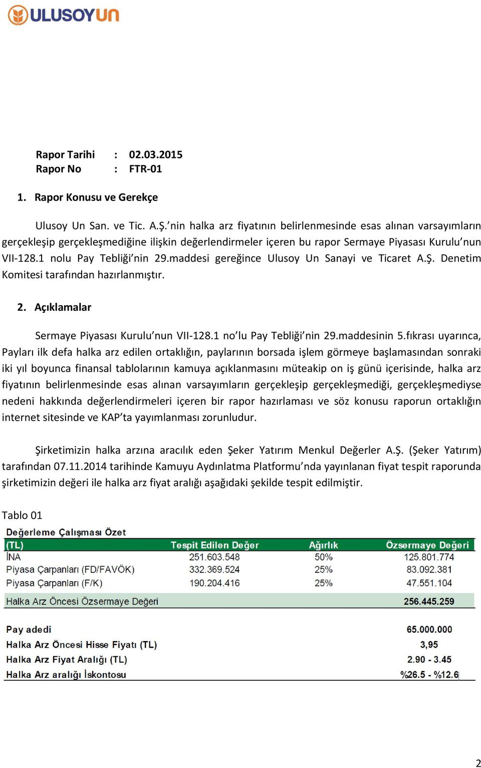 maddesi gereğince Ulusoy Un Sanayi ve Ticaret A.Ş. Denetim Komitesi tarafından hazırlanmıştır. 2. Açıklamalar Sermaye Piyasası Kurulu nun VII-128.1 no lu Pay Tebliği nin 29.maddesinin 5.