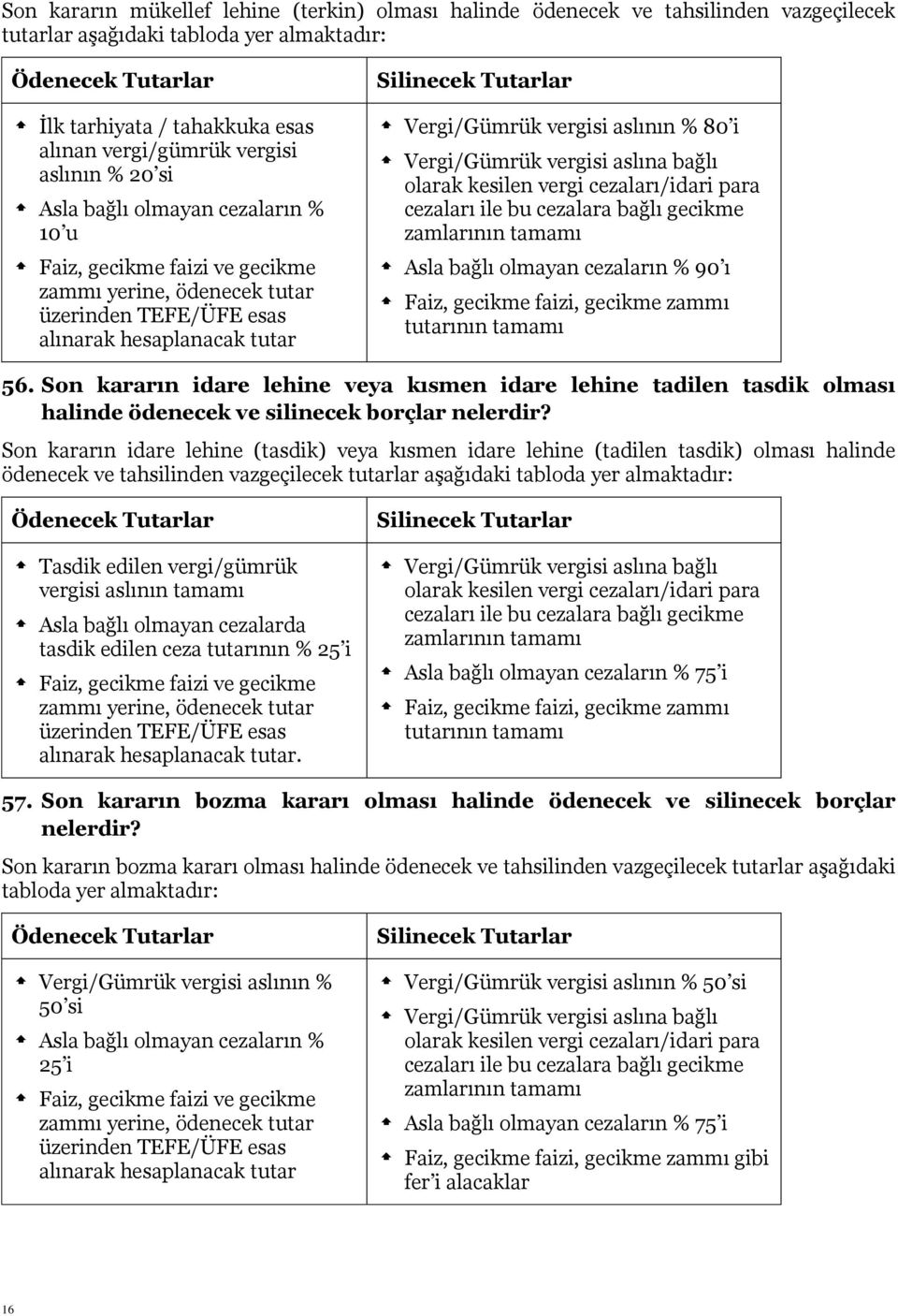 Tutarlar Vergi/Gümrük vergisi aslının % 80 i Vergi/Gümrük vergisi aslına bağlı olarak kesilen vergi cezaları/idari para cezaları ile bu cezalara bağlı gecikme zamlarının tamamı Asla bağlı olmayan