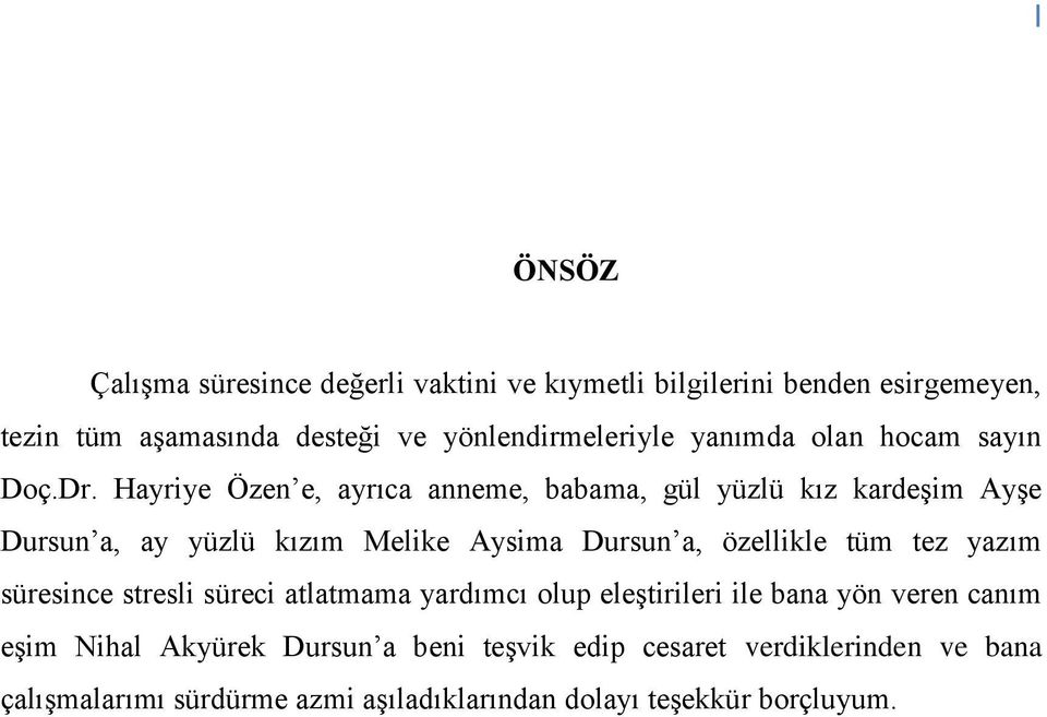 Hayriye Özen e, ayrıca anneme, babama, gül yüzlü kız kardeşim Ayşe Dursun a, ay yüzlü kızım Melike Aysima Dursun a, özellikle tüm tez