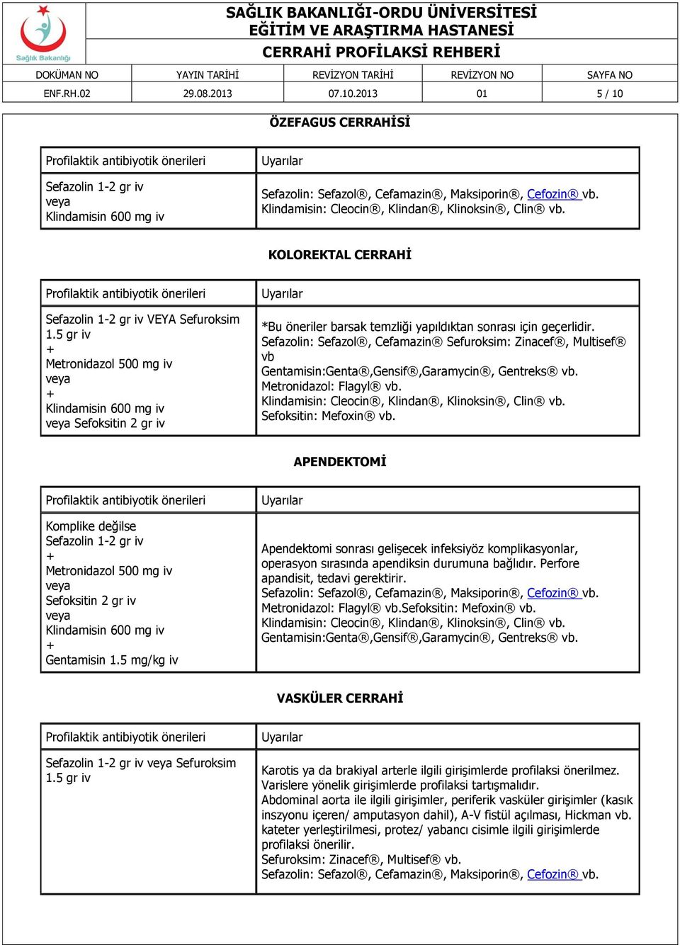 Sefazolin: Sefazol, Cefamazin Sefuroksim: Zinacef, Multisef vb Gentamisin:Genta,Gensif,Garamycin, Gentreks vb. Metronidazol: Flagyl vb. Klindamisin: Cleocin, Klindan, Klinoksin, Clin vb.