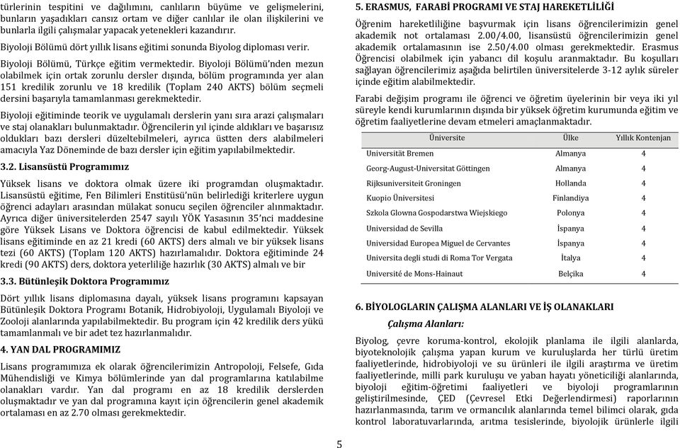 Biyoloji Bölümü nden mezun olabilmek için ortak zorunlu dersler dışında, bölüm programında yer alan 151 kredilik zorunlu 18 kredilik (Toplam 240 AKTS) bölüm seçmeli dersini başarıyla tamamlanması