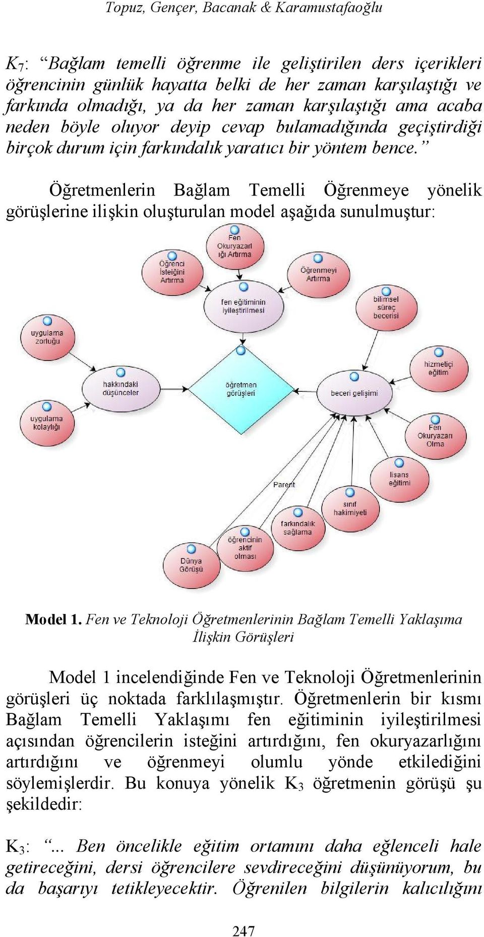 Öğretmenlerin Bağlam Temelli Öğrenmeye yönelik görüşlerine ilişkin oluşturulan model aşağıda sunulmuştur: Model 1.