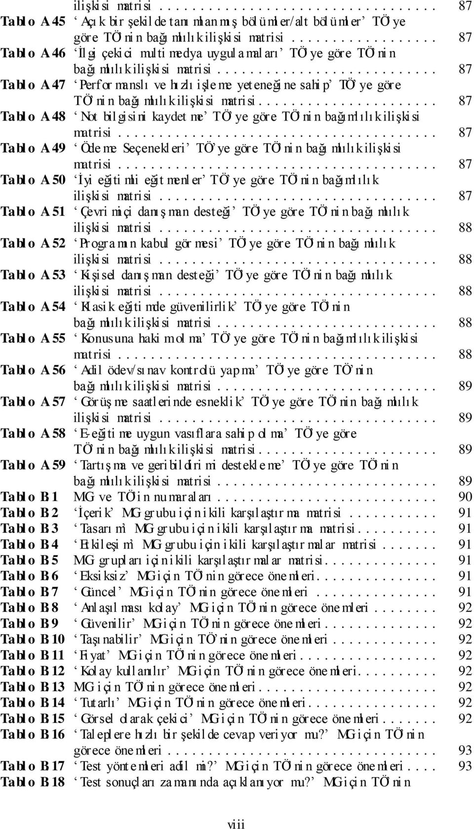 .. 87 Tabl o A. 49 Öde me Seçenekl eri TÖ ye göre TÖ ni n bağı mlılık ilişkisi matrisi... 87 Tabl o A. 50 İyi eğiti mli eğit menl er TÖ ye göre TÖ ni n bağımlılı k ilişkisi matrisi... 87 Tabl o A. 51 Çevri mi çi danış man desteği TÖ ye göre TÖ ni n bağı mlılık ilişkisi matrisi.