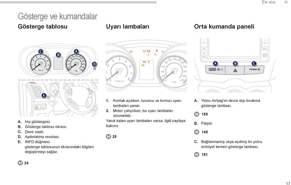 Kontak açıkken, turuncu ve kırmızı uyarı lambaları yanar. 2. Motor çalışırken, bu uyarı lambaları sönmelidir.