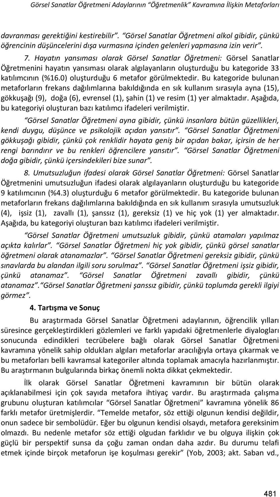 Hayatın yansıması olarak Görsel Sanatlar Öğretmeni: Görsel Sanatlar Öğretmenini hayatın yansıması olarak algılayanların oluşturduğu bu kategoride 33 katılımcının (%16.