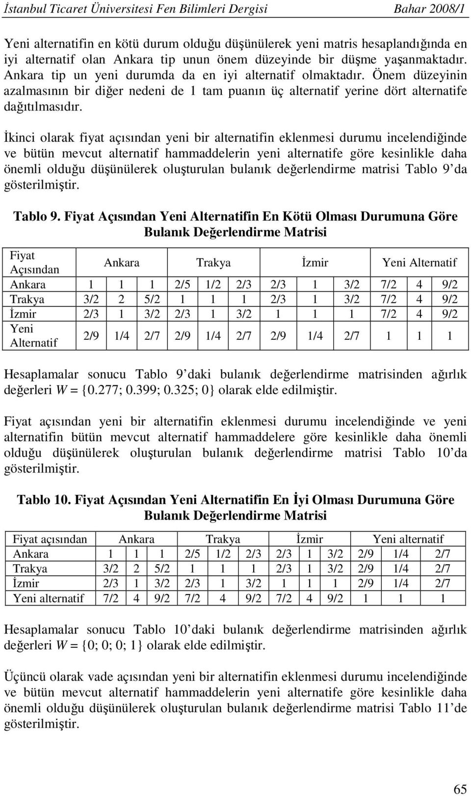 İkc olarak fyat açısıda ye br alteratf eklees duruu celedğde ve bütü evcut alteratf haaddeler ye alteratfe göre keslkle daha öel olduğu düşüülerek oluşturula bulaık değerledre atrs Tablo 9 da