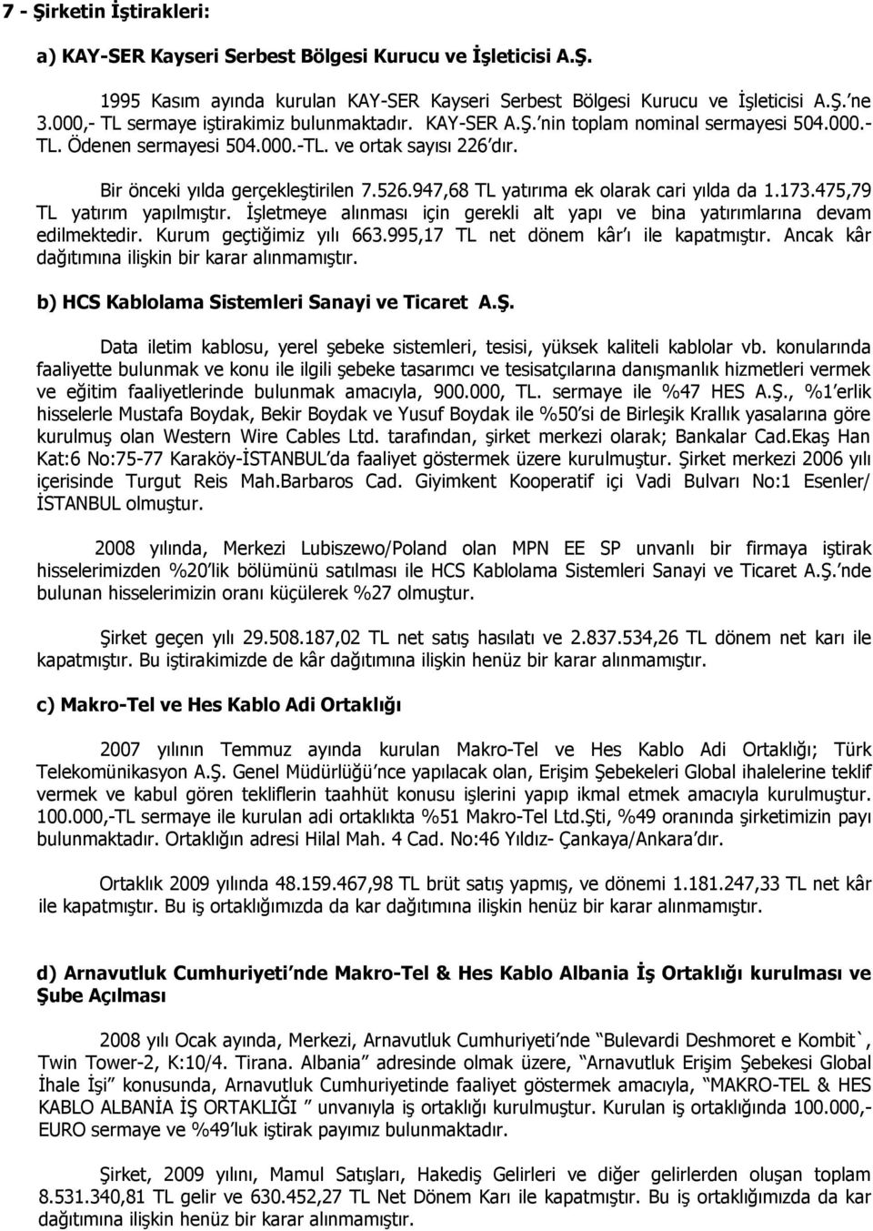 947,68 TL yatırıma ek olarak cari yılda da 1.173.475,79 TL yatırım yapılmıştır. İşletmeye alınması için gerekli alt yapı ve bina yatırımlarına devam edilmektedir. Kurum geçtiğimiz yılı 663.