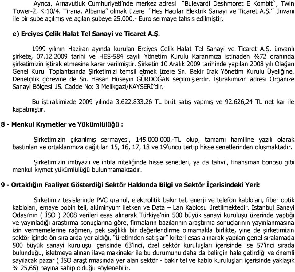 1999 yılının Haziran ayında kurulan Erciyes Çelik Halat Tel Sanayi ve Ticaret A.Ş. ünvanlı şirkete, 07.12.