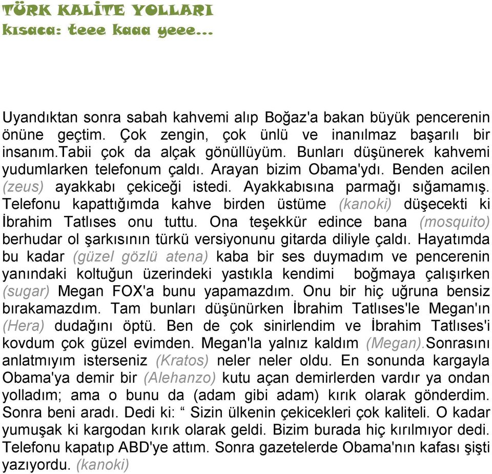 Telefonu kapattığımda kahve birden üstüme (kanoki) düşecekti ki İbrahim Tatlıses onu tuttu. Ona teşekkür edince bana (mosquito) berhudar ol şarkısının türkü versiyonunu gitarda diliyle çaldı.