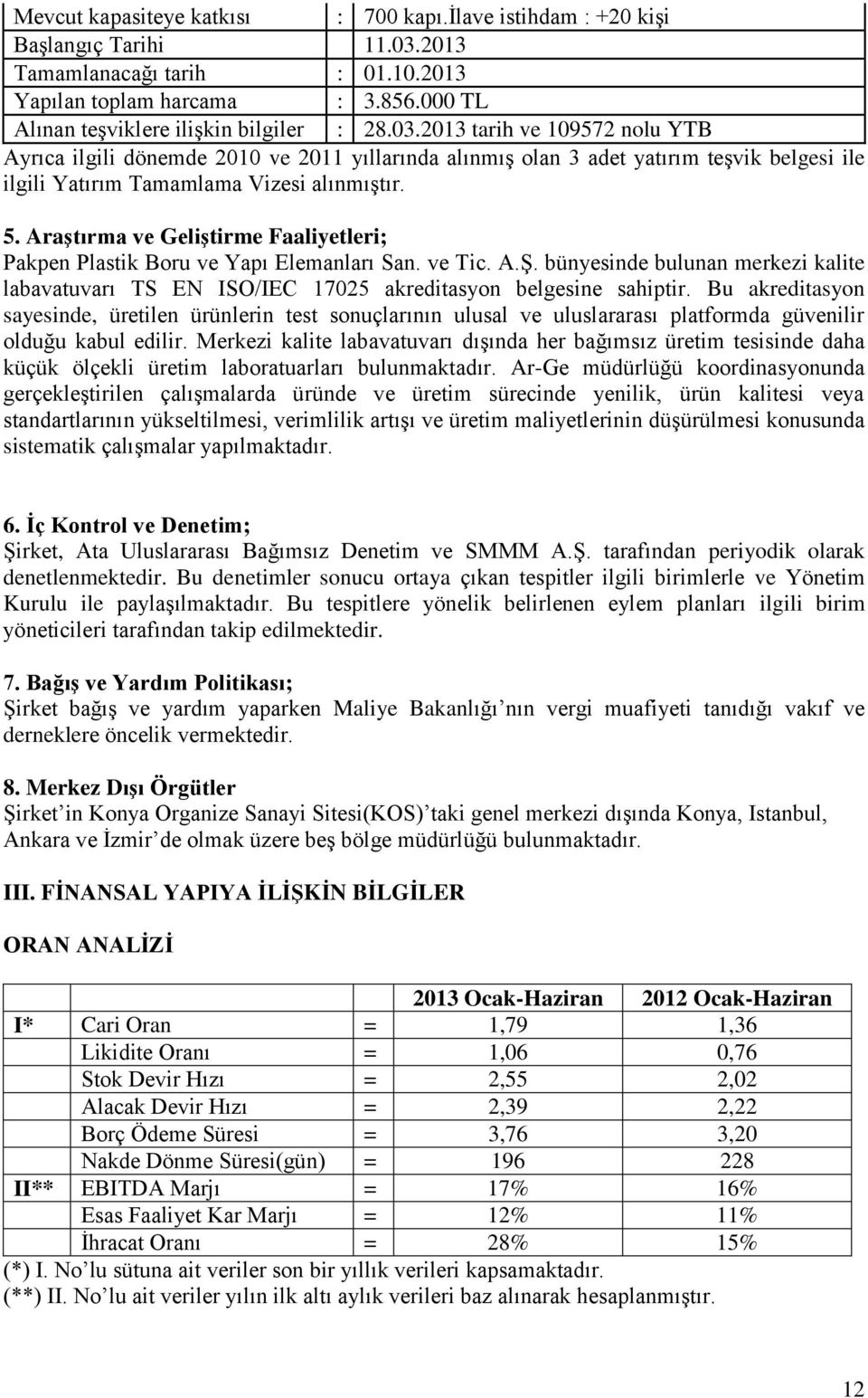 2013 tarih ve 109572 nolu YTB Ayrıca ilgili dönemde 2010 ve 2011 yıllarında alınmış olan 3 adet yatırım teşvik belgesi ile ilgili Yatırım Tamamlama Vizesi alınmıştır. 5.