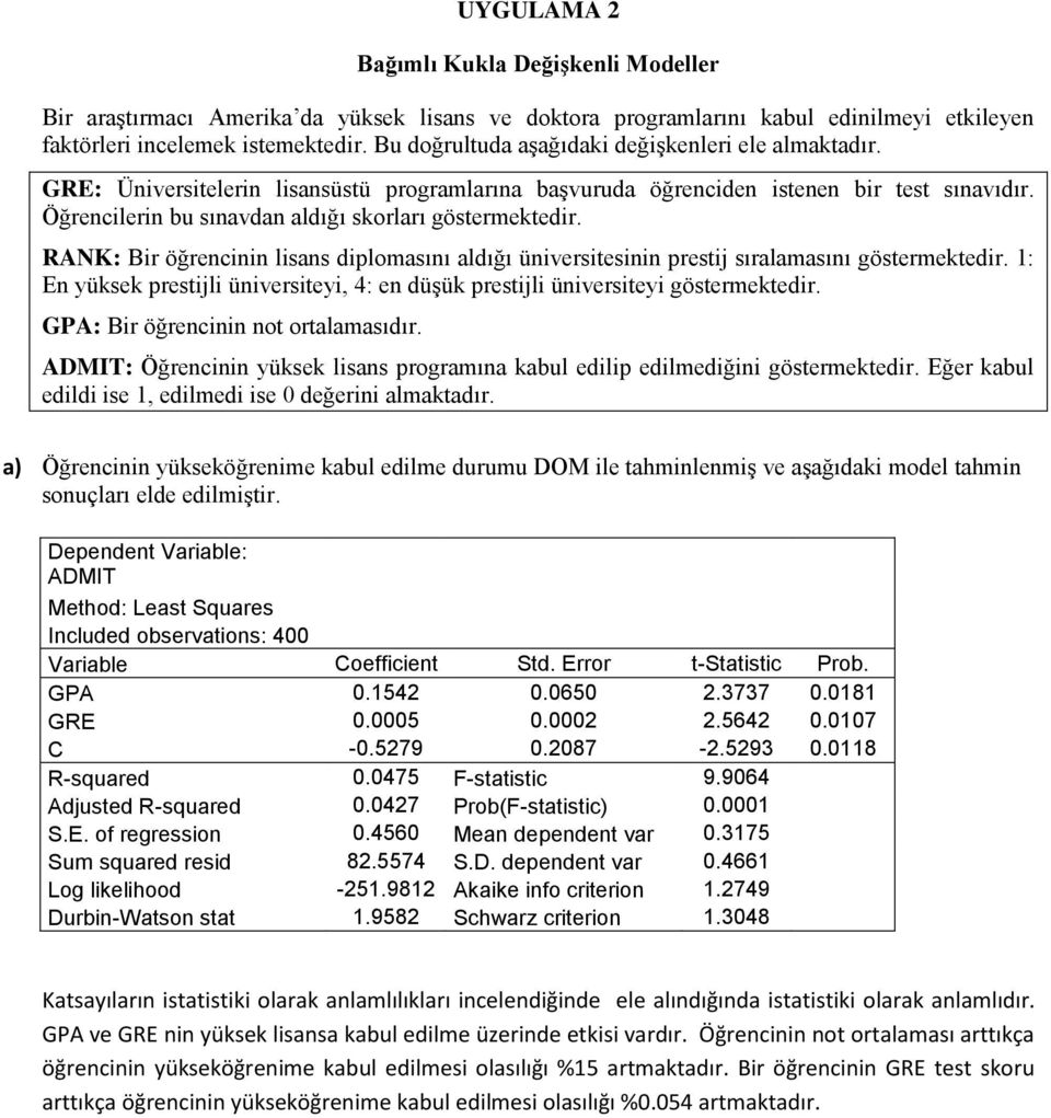 RANK: Br öğrencnn lsans dplomasını aldığı ünverstesnn prestj sıralamasını göstermektedr. 1: En yüksek prestjl ünverstey, 4: en düşük prestjl ünverstey göstermektedr.