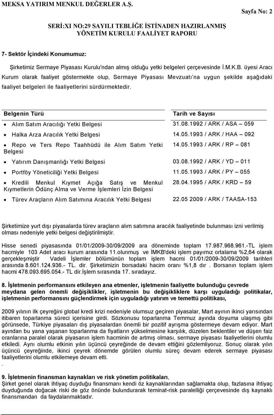 Belgenin Türü Tarih ve Sayısı Alım Satım Aracılığı Yetki Belgesi 31.08.1992 / ARK / ASA 059 Halka Arza Aracılık Yetki Belgesi 14.05.1993 / ARK / HAA 092 Repo ve Ters Repo Taahhüdü ile Alım Satım Yetki 14.