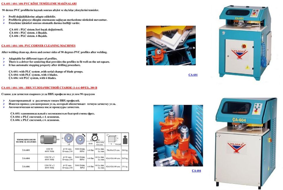 ÇA 604 : PC sistem. 4 Bıçaklı. ÇA 606 : PC sistem. 6 Bıçaklı. ÇA 601 / 604 / 606 PVC CORNER CEANING MACINES After welding clean up, down and corner sides of 90 degrees PVC profiles after welding.