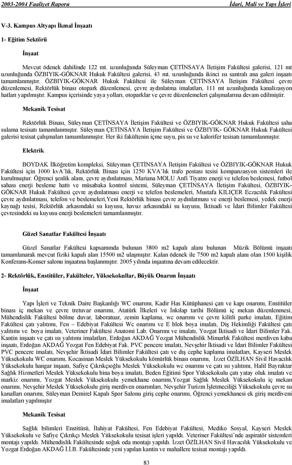 ÖZBIYIK-GÖKNAR Hukuk Fakültesi ile Süleyman ÇETİNSAYA İletişim Fakültesi çevre düzenlemesi, Rektörlük binası otopark düzenlemesi, çevre aydınlatma imalatları, 111 mt uzunluğunda kanalizasyon hatları