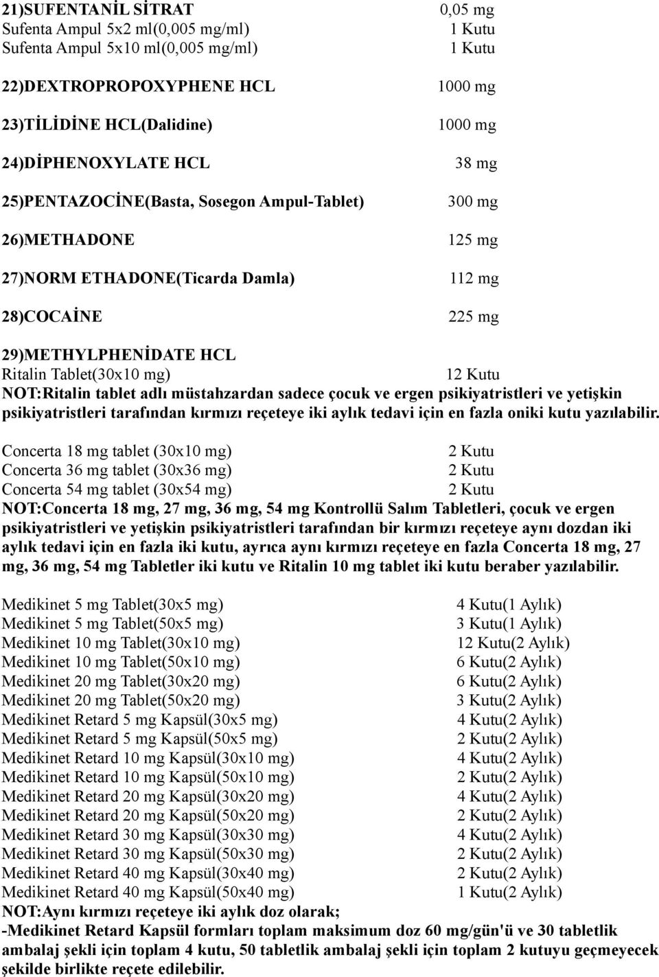 sadece çocuk ve ergen psikiyatristleri ve yetişkin psikiyatristleri tarafından kırmızı reçeteye iki aylık tedavi için en fazla oniki kutu yazılabilir.