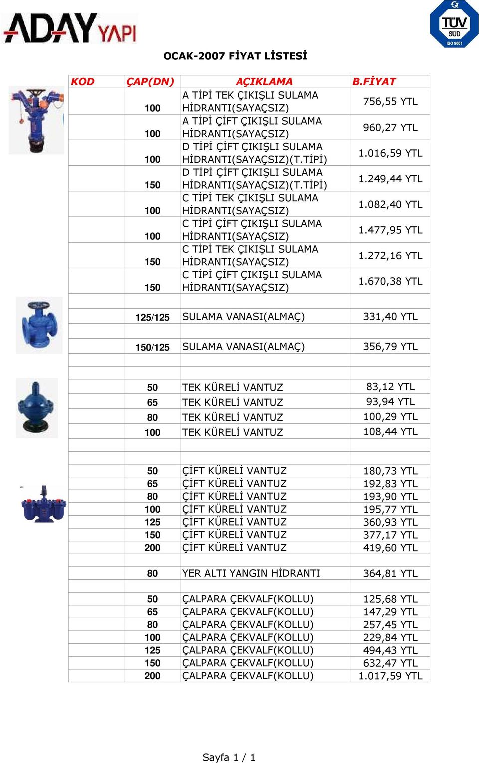 016,59 YTL D TĐPĐ ÇĐFT ÇIKIŞLI SULAMA 150 HĐDRANTI(SAYAÇSIZ)(T.TĐPĐ) 1.249,44 YTL C TĐPĐ TEK ÇIKIŞLI SULAMA 100 HĐDRANTI(SAYAÇSIZ) 1.082,40 YTL C TĐPĐ ÇĐFT ÇIKIŞLI SULAMA 100 HĐDRANTI(SAYAÇSIZ) 1.