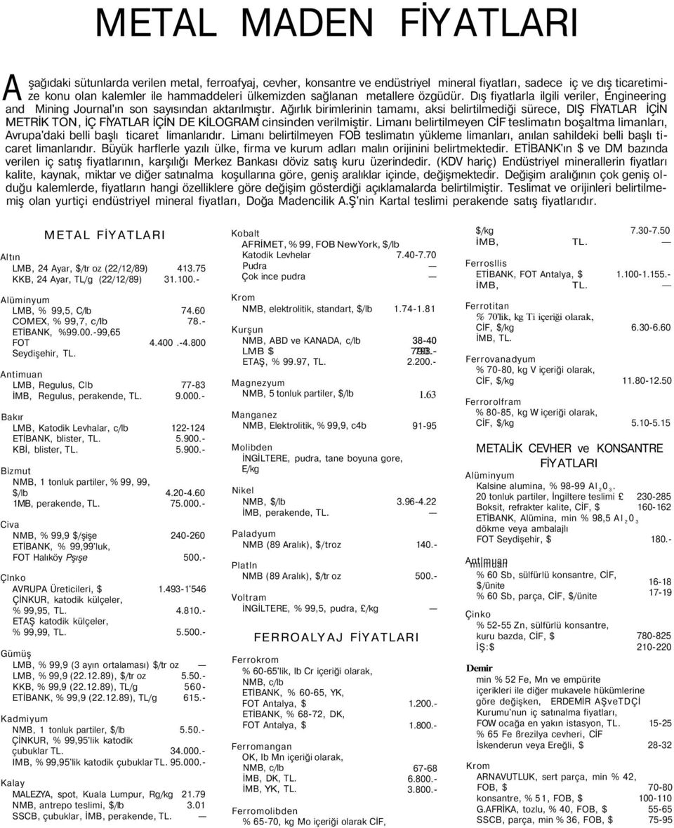 Ağırlık birimlerinin tamamı, aksi belirtilmediği sürece, DIŞ FİYATLAR İÇİN METRİK TON, İÇ FİYATLAR İÇİN DE KİLOGRAM cinsinden verilmiştir.