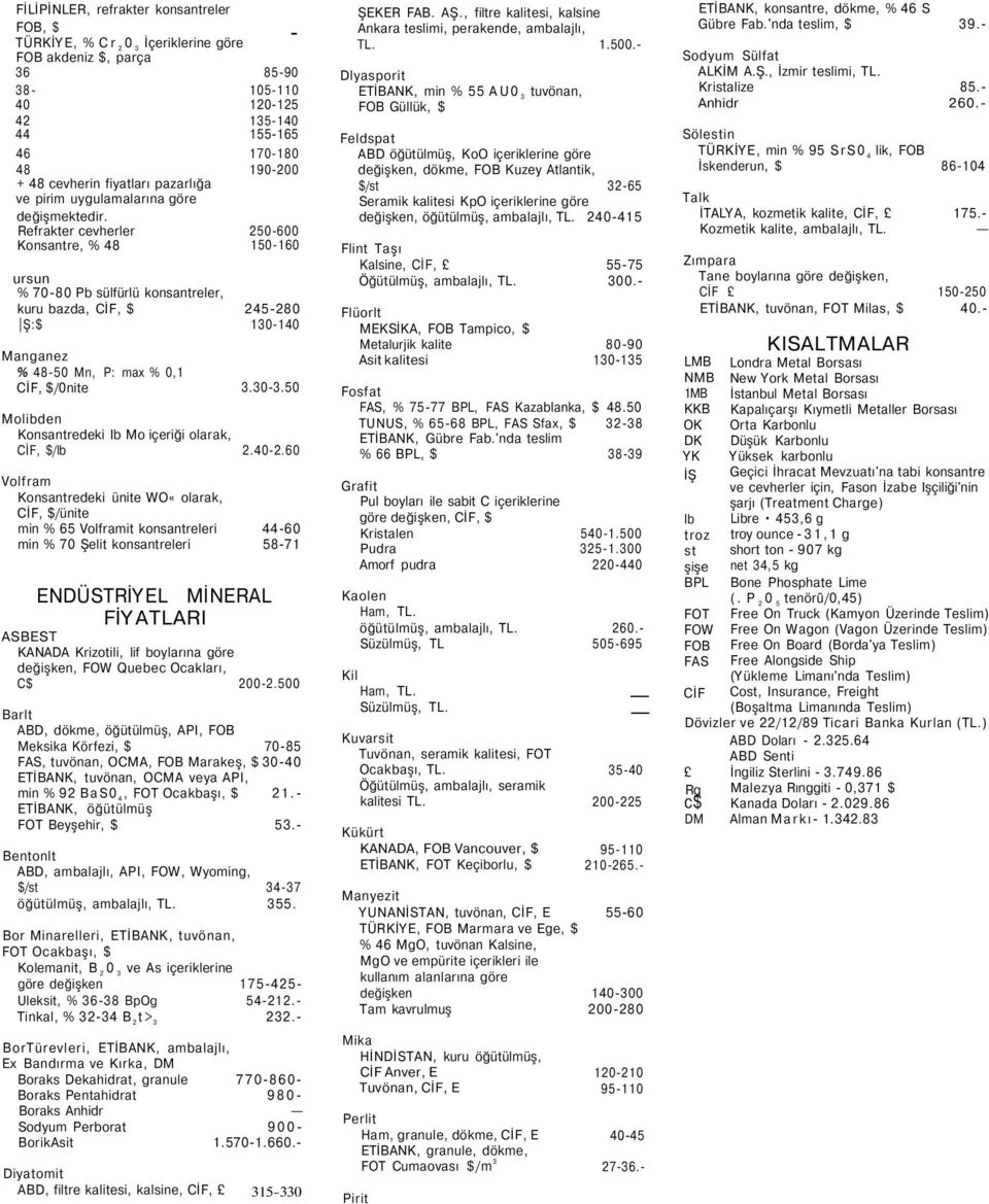48-50 Mn, P: max % 0,1 CİF, $/0nite 3.30-3.50 Molibden Konsantredeki Ib Mo içeriği olarak, CİF, $/lb 2.40-2.