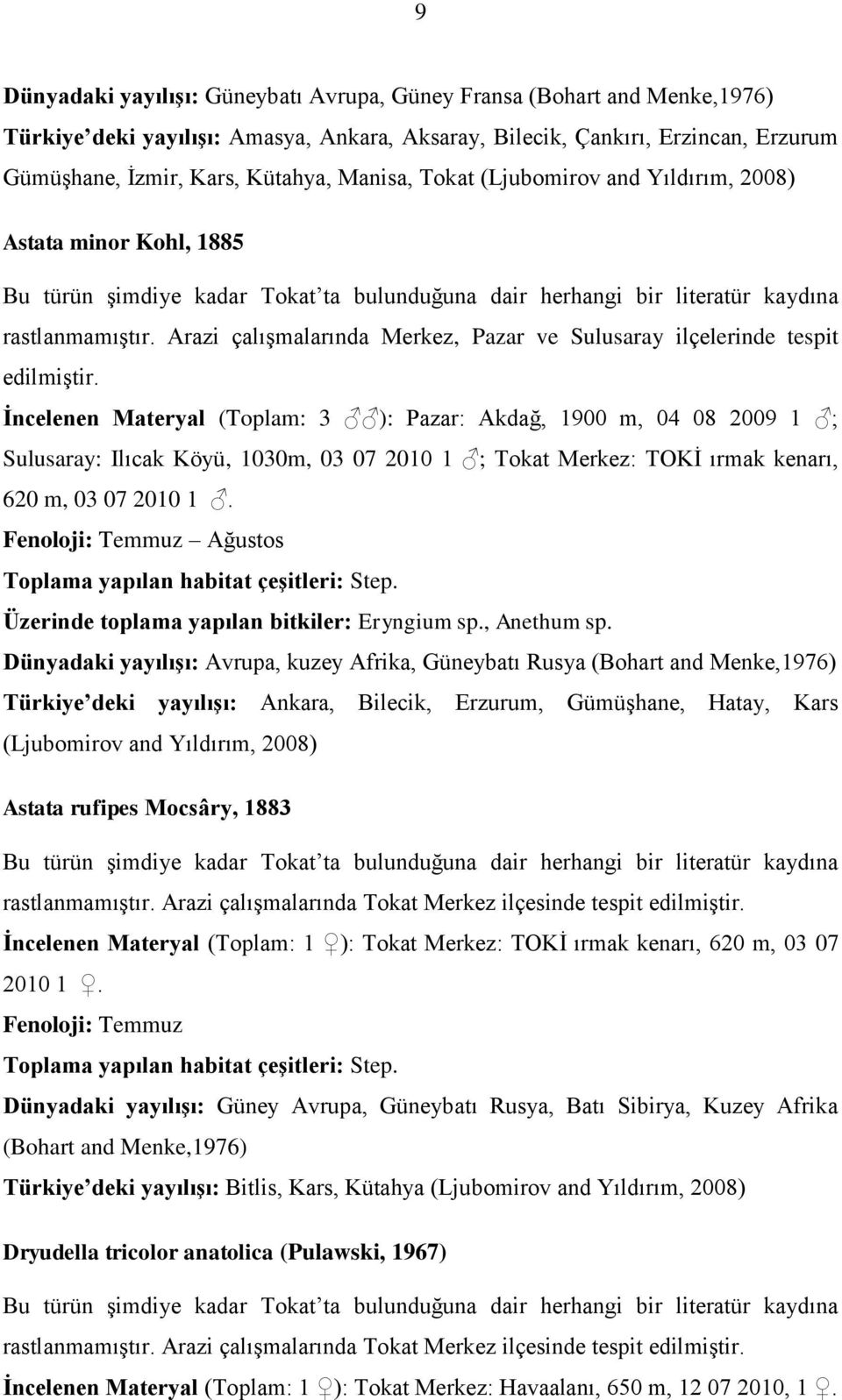 İncelenen Materyal (Toplam: 3 ): Pazar: Akdağ, 1900 m, 04 08 2009 1 ; Sulusaray: Ilıcak Köyü, 1030m, 03 07 2010 1 ; Tokat Merkez: TOKİ ırmak kenarı, 620 m, 03 07 2010 1.