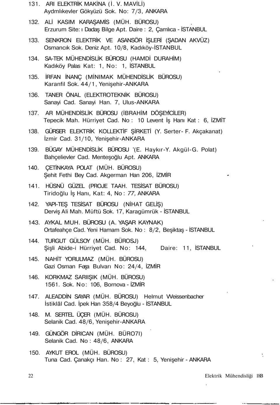 İRFAN İNANÇ (MİNIMAK MÜHENDİSLİK BÜROSU) Karanfil Sok. 44/1, Yenişehir-ANKARA 136. TANER ÖNAL (ELEKTROTEKNİK BÜROSU) Sanayi Cad. Sanayi Han. 7, Ulus-ANKARA 137.