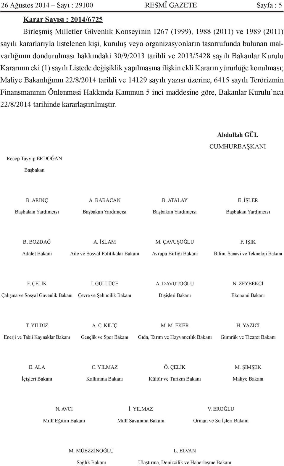 ilişkin ekli Kararın yürürlüğe konulması; Maliye Bakanlığının 22/8/2014 tarihli ve 14129 sayılı yazısı üzerine, 6415 sayılı Terörizmin Finansmanının Önlenmesi Hakkında Kanunun 5 inci maddesine göre,