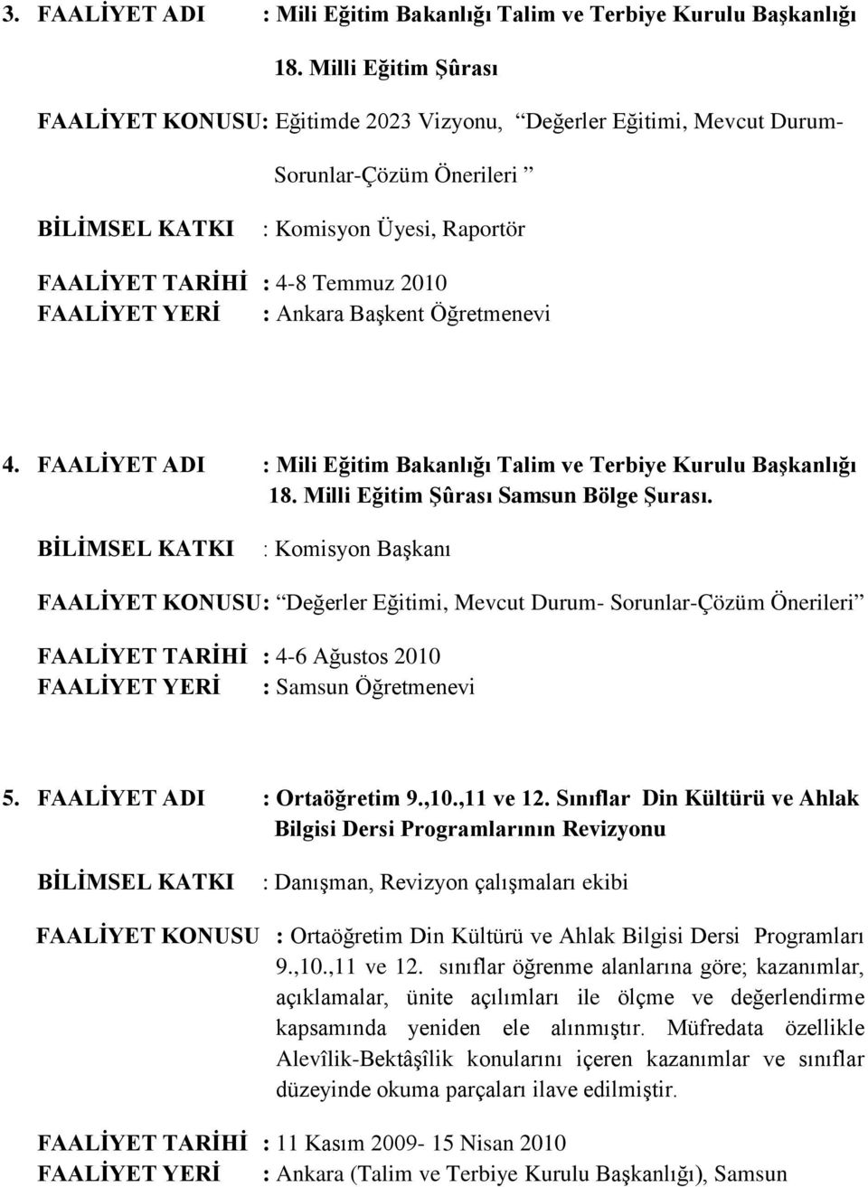 Öğretmenevi 4. FAALİYET ADI : Mili Eğitim Bakanlığı Talim ve Terbiye Kurulu Başkanlığı 18. Milli Eğitim Şûrası Samsun Bölge Şurası.