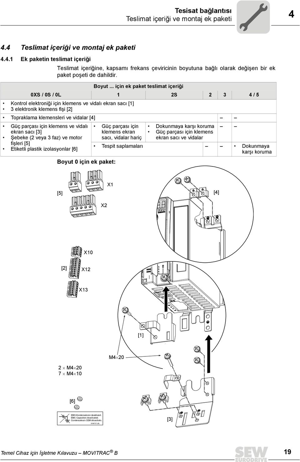 .. için ek paket teslimat içeriği 0XS / 0S / 0L 1 2S 2 3 4 / 5 Kontrol elektroniği için klemens ve vidalı ekran sacı [1] 3 elektronik klemens fişi [2] Topraklama klemensleri ve vidalar [4] Güç