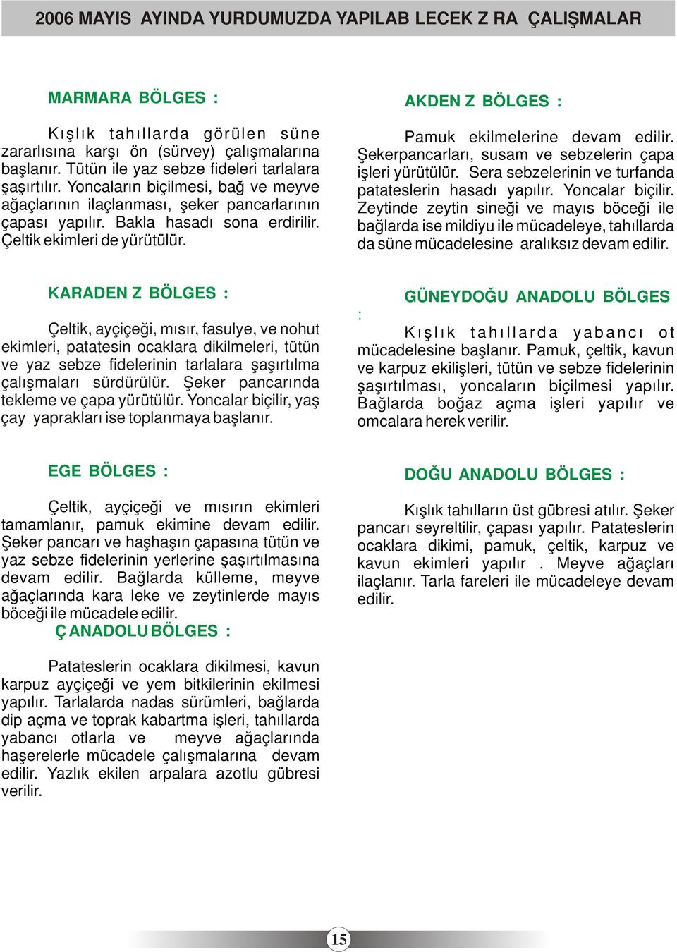 Çeltik ekimleri de yürütülür. AKDENİZ BÖLGESİ : Pamuk ekilmelerine devam edilir. Şekerpancarları, susam ve sebzelerin çapa işleri yürütülür. Sera sebzelerinin ve turfanda patateslerin hasadı yapılır.