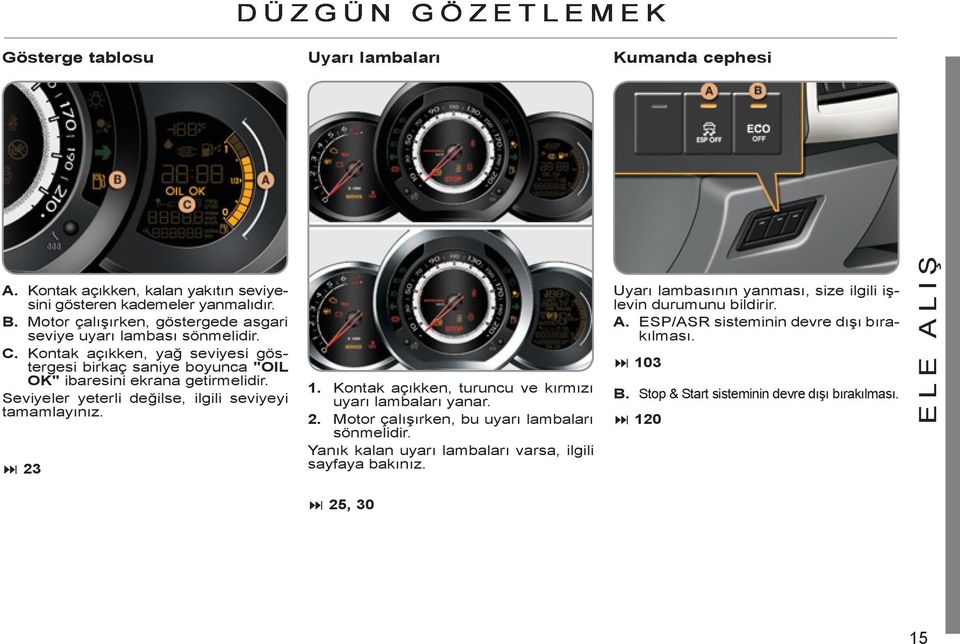 Seviyeler yeterli değilse, ilgili seviyeyi tamamlayınız. 2 1. Kontak açıkken, turuncu ve kırmızı uyarı lambaları yanar. 2. Motor çalışırken, bu uyarı lambaları sönmelidir.