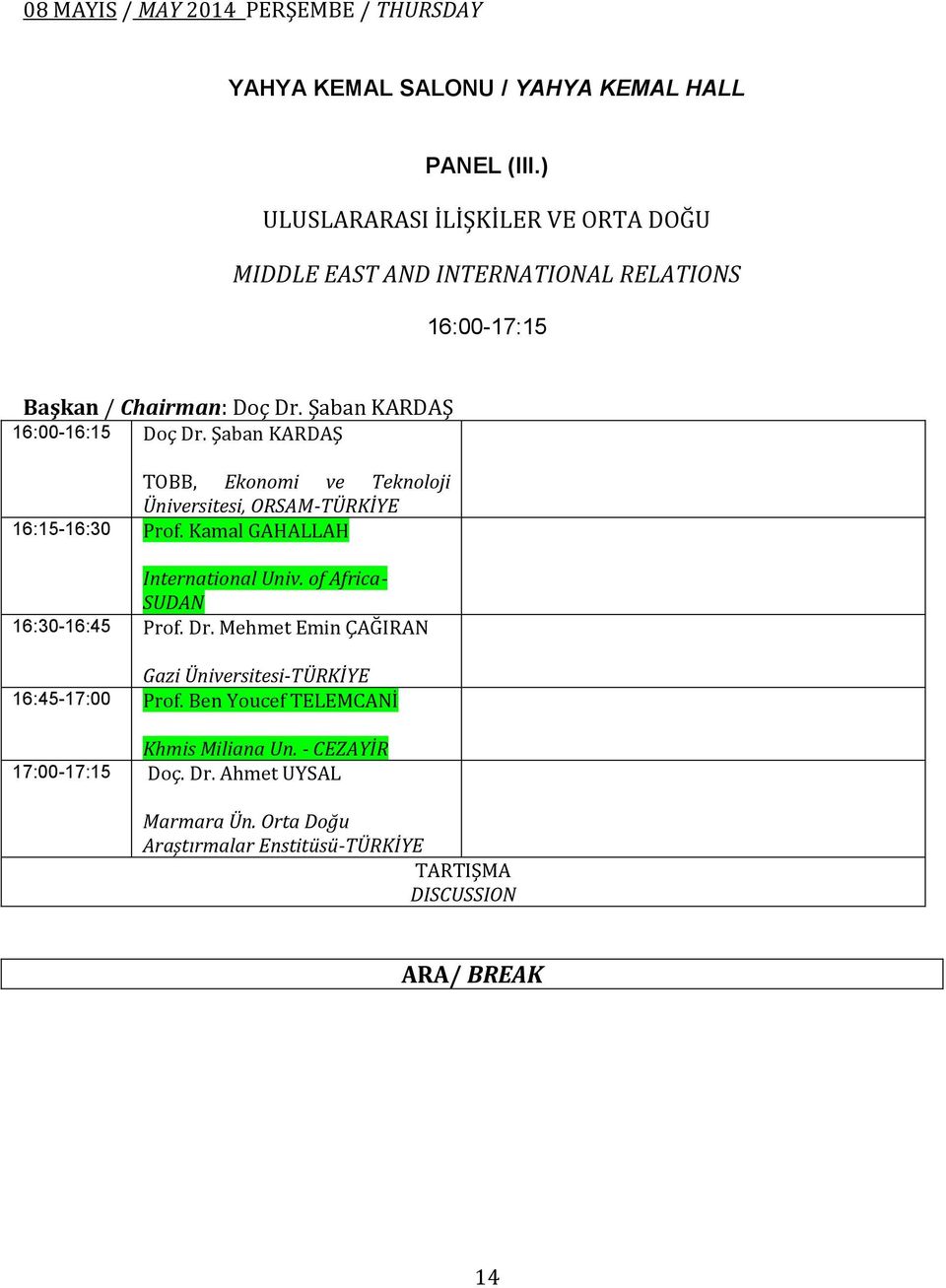 Şaban KARDAŞ 16:00-16:15 Doç Dr. Şaban KARDAŞ TOBB, Ekonomi ve Teknoloji Üniversitesi, ORSAM- 16:15-16:30 Prof. Kamal GAHALLAH International Univ.