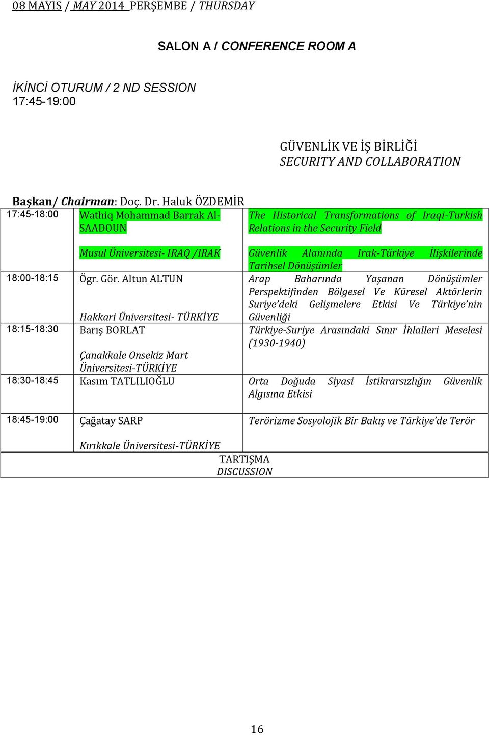 Altun ALTUN Hakkari Üniversitesi- 18:15-18:30 Barış BORLAT The Historical Transformations of Iraqi-Turkish Relations in the Security Field Güvenlik Alanında Irak-Türkiye İlişkilerinde Tarihsel