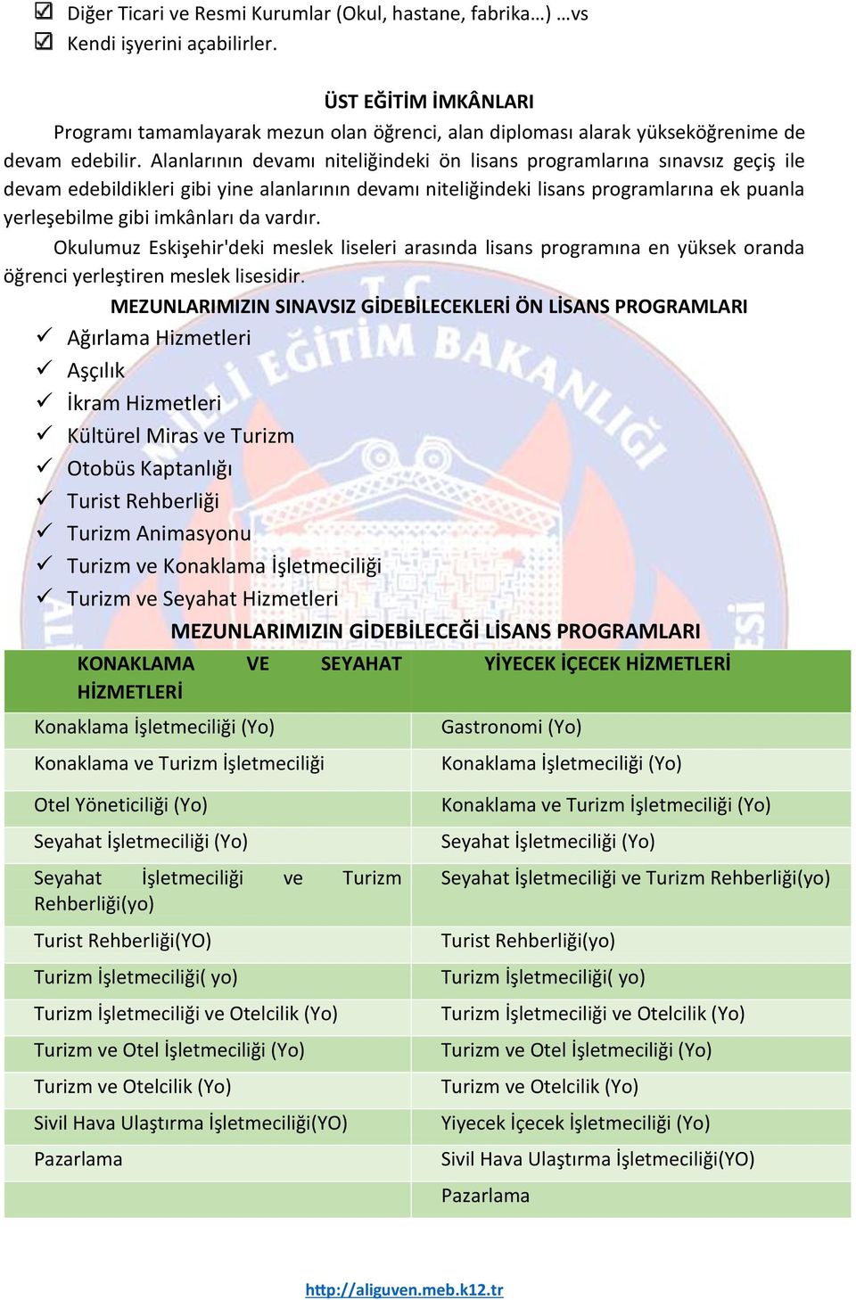 Alanlarının devamı niteliğindeki ön lisans programlarına sınavsız geçiş ile devam edebildikleri gibi yine alanlarının devamı niteliğindeki lisans programlarına ek puanla yerleşebilme gibi imkânları