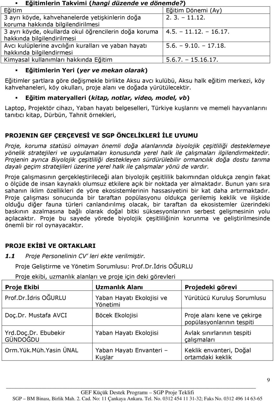 17.18. hakkında bilgilendirmesi Kimyasal kullanımları hakkında Eğitim 5.6.7. 15.16.17. Eğitimlerin Yeri (yer ve mekan olarak) Eğitimler şartlara göre değişmekle birlikte Aksu avcı kulübü, Aksu halk