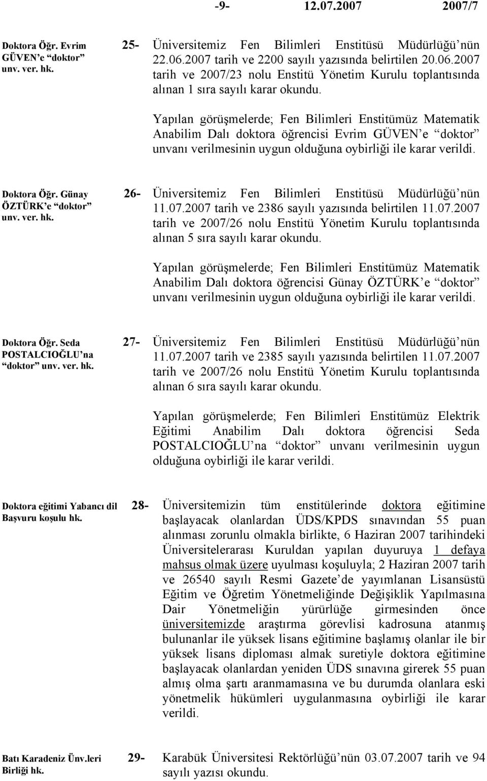 Yapılan görüşmelerde; Fen Bilimleri Enstitümüz Matematik Anabilim Dalı doktora öğrencisi Evrim GÜVEN e doktor unvanı verilmesinin uygun olduğuna oybirliği ile karar verildi. Doktora Öğr.