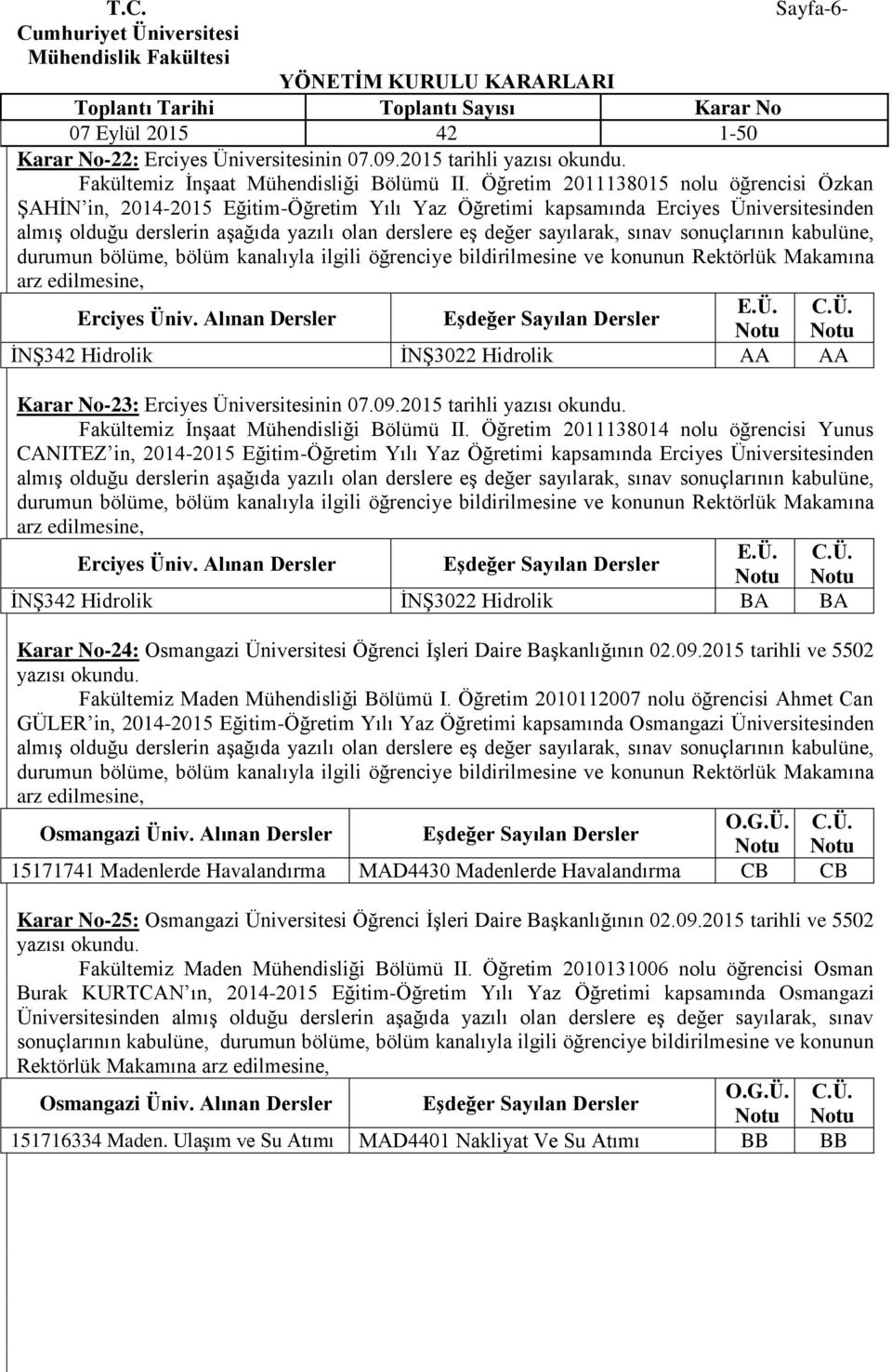 09.2015 tarihli Fakültemiz İnşaat Mühendisliği Bölümü II. Öğretim 2011138014 nolu öğrencisi Yunus CANITEZ in, 2014-2015 Eğitim-Öğretim Yılı Yaz Öğretimi kapsamında Erciyes Ünive