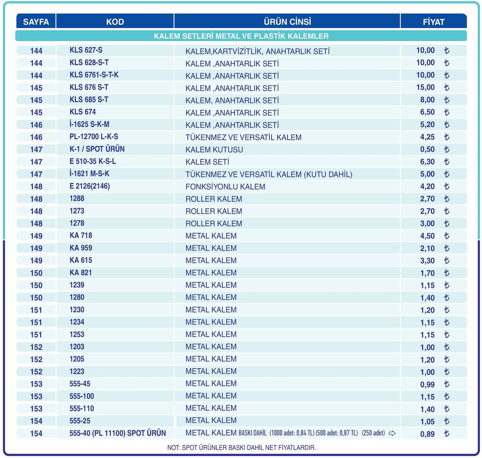 KALEM,ANAHTARLIK SETÝ PL-12700 L-K-S TÜKENMEZ VE VERSATÝL KALEM K-1 / SPOT ÜRÜN KALEM KUTUSU E 510-35 K-S-L KALEM SETÝ Ý-1621 M-S-K TÜKENMEZ VE VERSATÝL KALEM (KUTU DAHÝL) E 2126(2146) FONKSÝYONLU