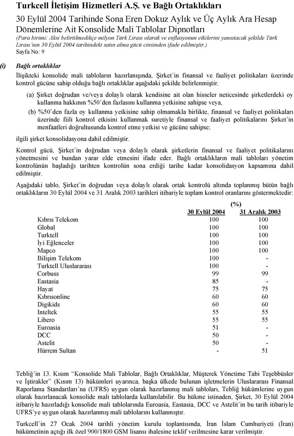 (a) Şirket doğrudan ve/veya dolaylı olarak kendisine ait olan hisseler neticesinde şirketlerdeki oy kullanma hakkının %50 den fazlasını kullanma yetkisine sahipse veya, (b) %50 den fazla oy kullanma