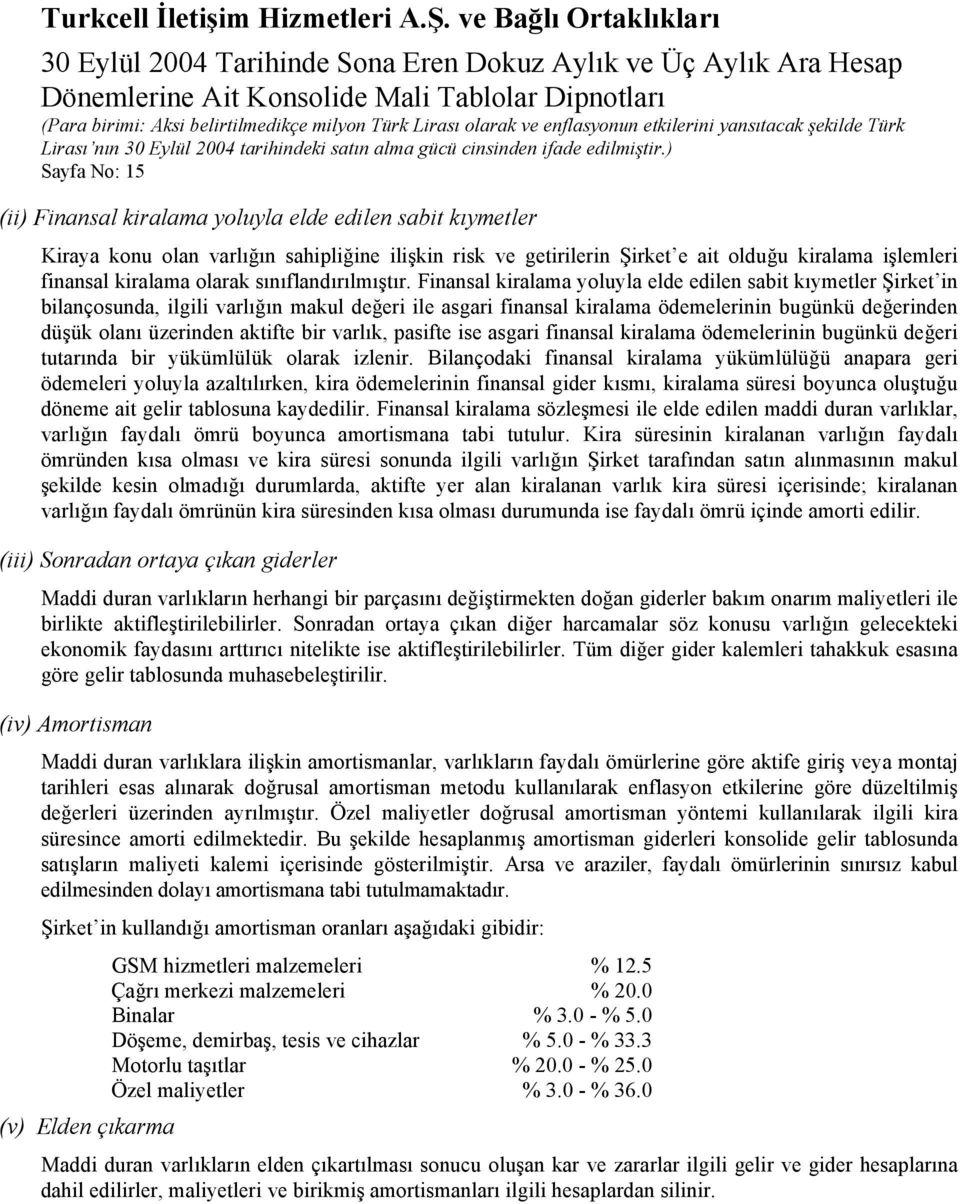 Finansal kiralama yoluyla elde edilen sabit kıymetler Şirket in bilançosunda, ilgili varlığın makul değeri ile asgari finansal kiralama ödemelerinin bugünkü değerinden düşük olanı üzerinden aktifte