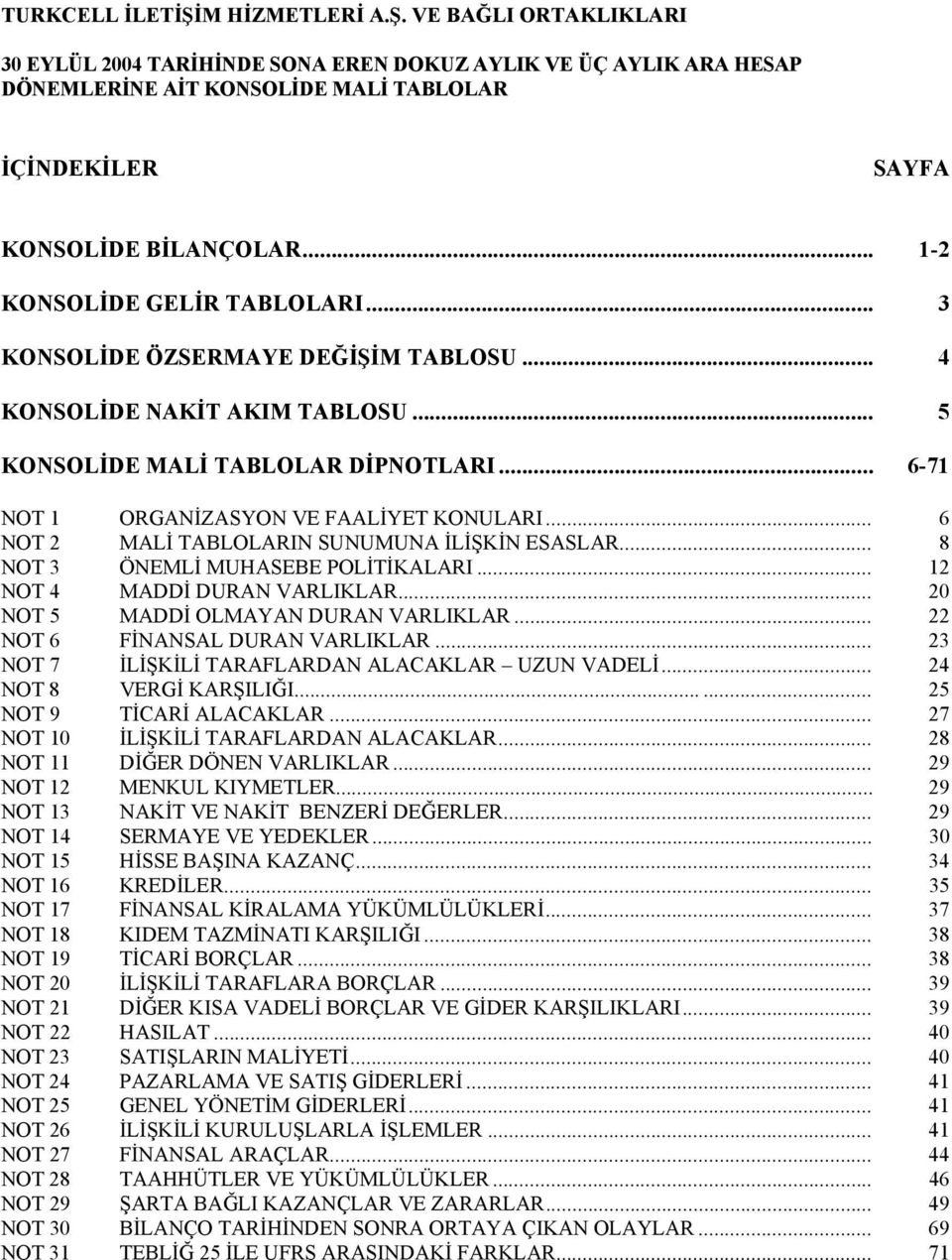 .. 6 NOT 2 MALİ TABLOLARIN SUNUMUNA İLİŞKİN ESASLAR... 8 NOT 3 ÖNEMLİ MUHASEBE POLİTİKALARI... 12 NOT 4 MADDİ DURAN VARLIKLAR... 20 NOT 5 MADDİ OLMAYAN DURAN VARLIKLAR.