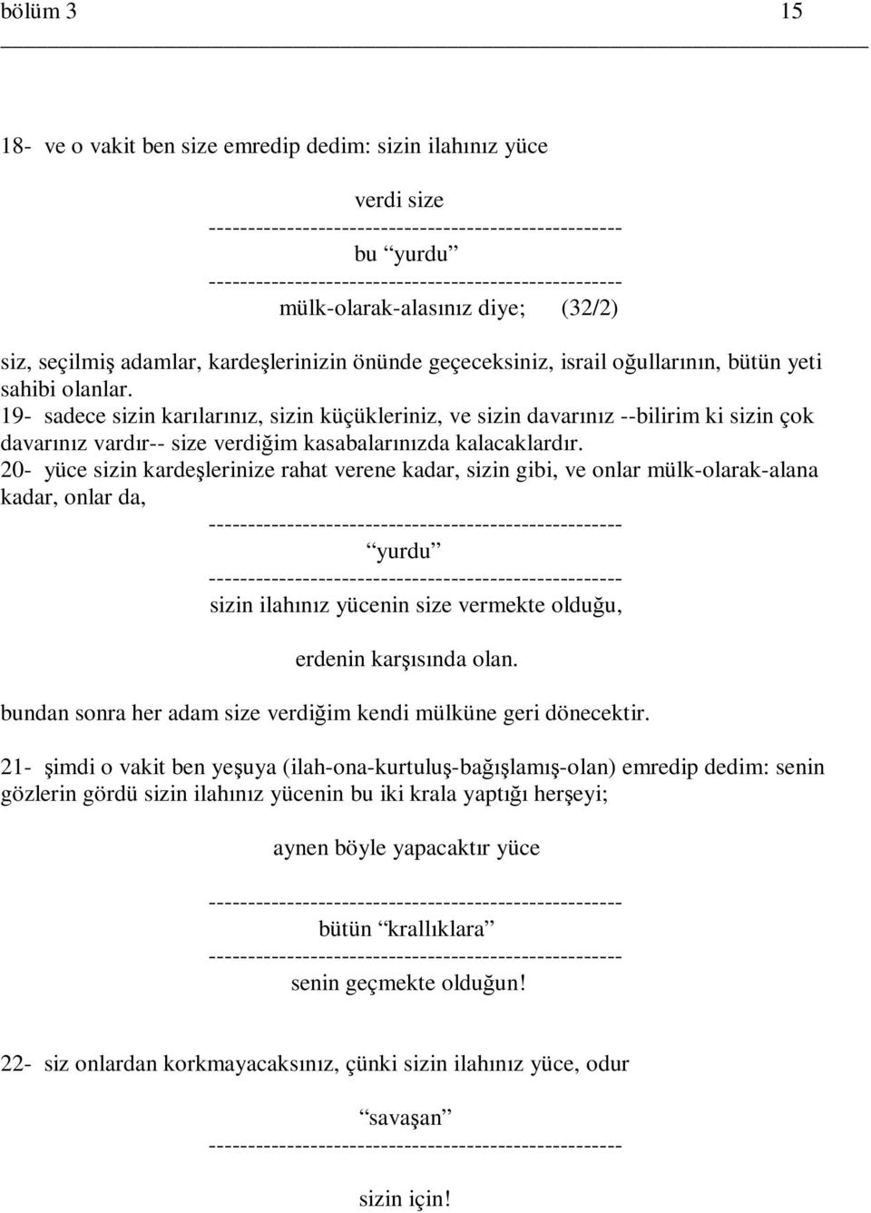 20- yüce sizin kardeşlerinize rahat verene kadar, sizin gibi, ve onlar mülk-olarak-alana kadar, onlar da, yurdu sizin ilahınız yücenin size vermekte olduğu, erdenin karşısında olan.