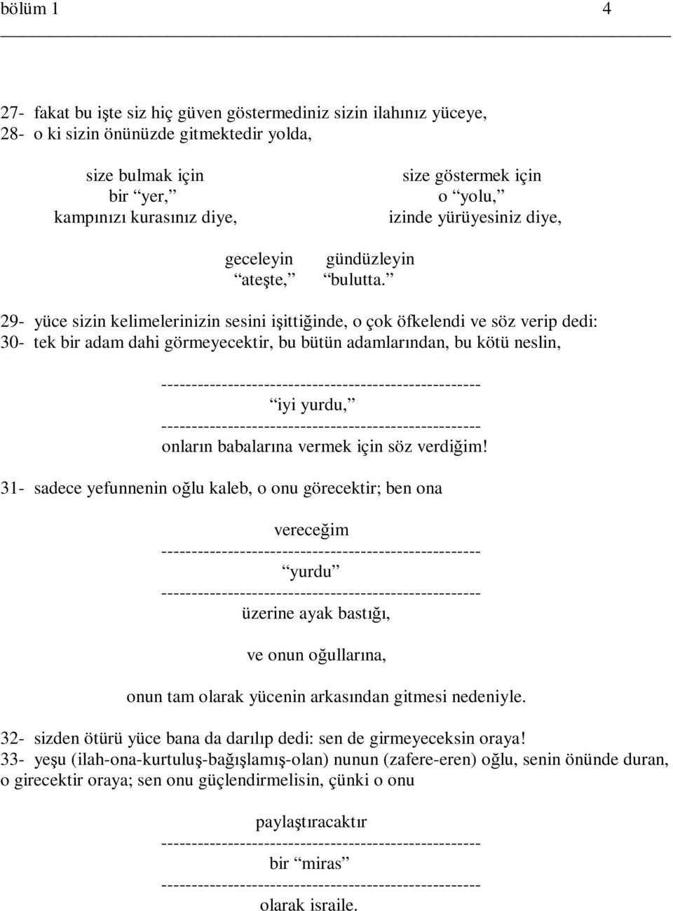 29- yüce sizin kelimelerinizin sesini işittiğinde, o çok öfkelendi ve söz verip dedi: 30- tek bir adam dahi görmeyecektir, bu bütün adamlarından, bu kötü neslin, iyi yurdu, onların babalarına vermek