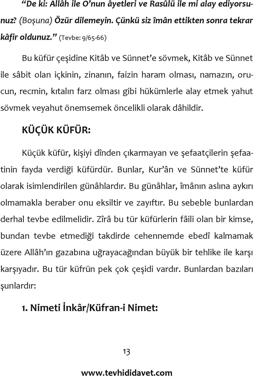 etmek yahut sövmek veyahut önemsemek öncelikli olarak dâhildir. KÜÇÜK KÜFÜR: Küçük küfür, kişiyi dînden çıkarmayan ve şefaatçilerin şefaatinin fayda verdiği küfürdür.