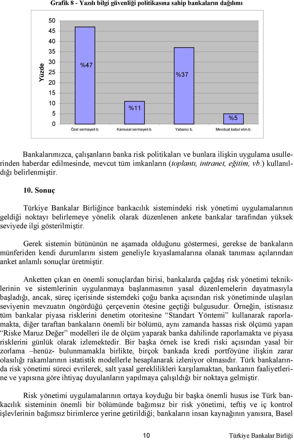 Sonuç Türkiye Bankalar Birliğince bankacılık sistemindeki risk yönetimi uygulamalarının geldiği noktayı belirlemeye yönelik olarak düzenlenen ankete bankalar tarafından yüksek seviyede ilgi