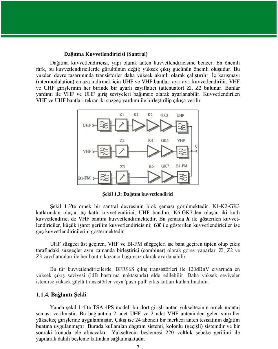 İç karışmayı (ıntermodulation) en aza indirmek için UHF ve VHF bantları ayrı ayrı kuvvetlendirilir. VHF ve UHF girişlerinin her birinde bir ayarlı zayıflatıcı (attenuator) Zl, Z2 bulunur.