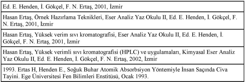 Ertaş, 2001, İzmir Hasan Ertaş, Yüksek verimli sıvı kromatografisi (HPLC) ve uygulamaları, Kimyasal Eser Analiz Yaz Okulu II, Ed.