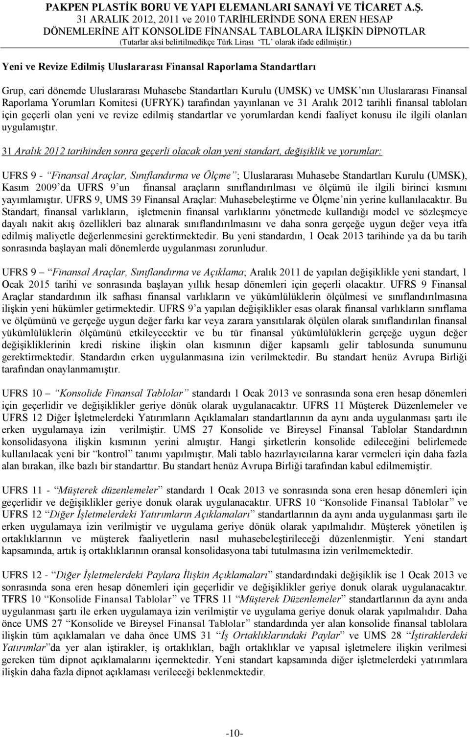 31 Aralık 2012 tarihinden sonra geçerli olacak olan yeni standart, değişiklik ve yorumlar: UFRS 9 - Finansal Araçlar, Sınıflandırma ve Ölçme ; Uluslararası Muhasebe Standartları Kurulu (UMSK), Kasım