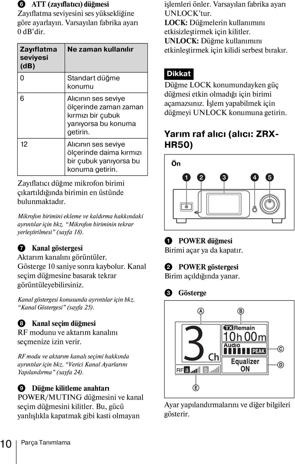 12 Alıcının ses seviye ölçerinde daima kırmızı bir çubuk yanıyorsa bu konuma getirin. Zayıflatıcı düğme mikrofon birimi çıkartıldığında birimin en üstünde bulunmaktadır.