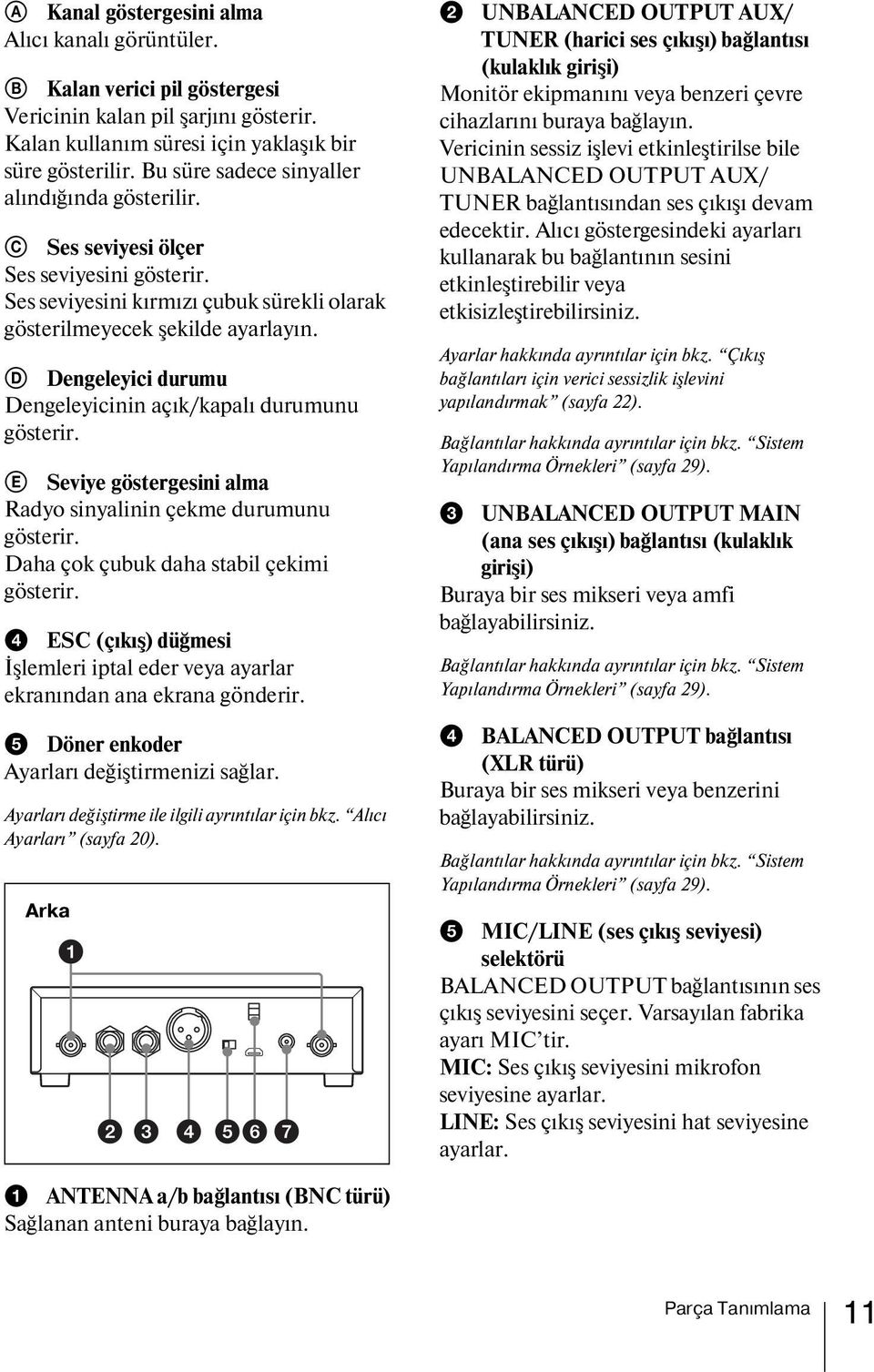 D Dengeleyici durumu Dengeleyicinin açık/kapalı durumunu gösterir. E Seviye göstergesini alma Radyo sinyalinin çekme durumunu gösterir. Daha çok çubuk daha stabil çekimi gösterir.