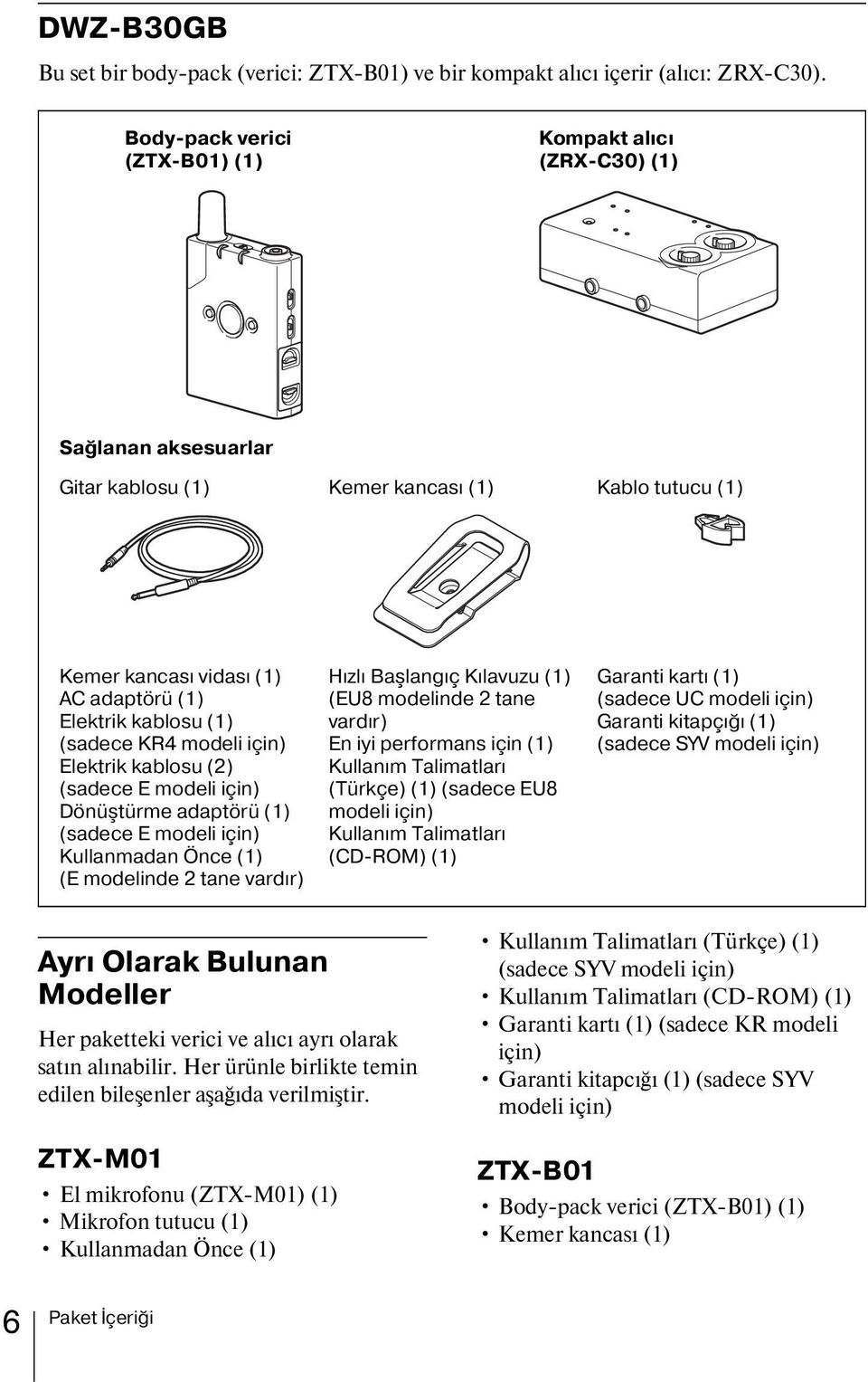 (sadece KR4 modeli için) Elektrik kablosu (2) (sadece E modeli için) Dönüştürme adaptörü (1) (sadece E modeli için) Kullanmadan Önce (1) (E modelinde 2 tane vardır) Hızlı Başlangıç Kılavuzu (1) (EU8